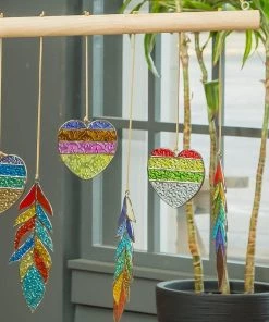 The Birdhouse Chick Wind Chimes Stained Glass Heart And Feather Mobile