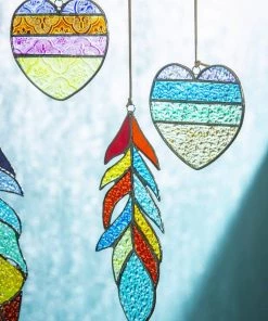 The Birdhouse Chick Wind Chimes Stained Glass Heart And Feather Mobile